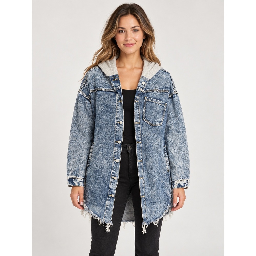 Grunge Acid Wash Hooded Longline Denim Jacket Raw Hem Thrill Jeans M